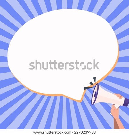 Hand Holding Megaphone Voice Device With Speech Balloon Presenting Fresh And Important News Messages. Bullhorn Drawing With Conversation Bubble Showing New Announcement.