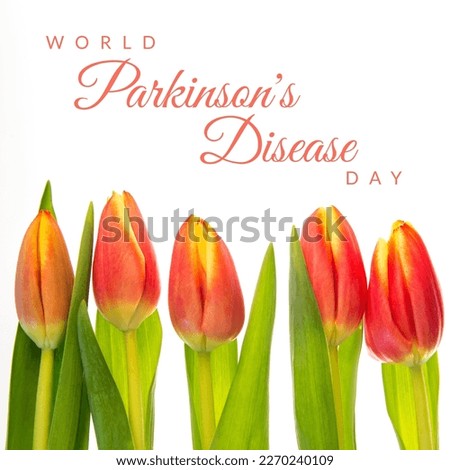 Image of world parkinson's day text over colourful flowers with copy space. World parkinson's day and celebration concept digitally generated image.