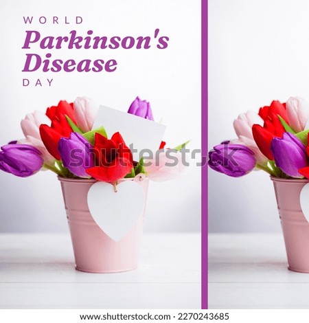 Image of world parkinson's day text over colourful flowers in pot with copy space. World parkinson's day and celebration concept digitally generated image.