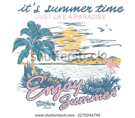 Summer vintage graphic print design. Beach vibes with board print design. Hand sketch beach vector design. flamingo artwork.