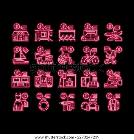 Rental Service Business neon light sign vector. House And Apartment, Car And Airplane, Boat And Crane Truck, Bicycle And Wheel Chair Rental Illustrations