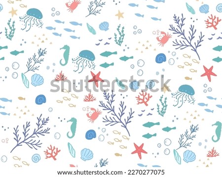 Cute sea illustrations: fish, jellyfish, southern countries, vacation, summer, patterns, seashells, fashionable.