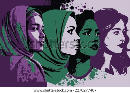 Woman's Day Banner vector, Woman history month, march, Empowering feminism, multiracial woman on a banner in different shades of purple and green Royalty-Free Stock Photo #2270277407
