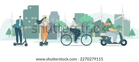 Set of Eco friendly alternative ecological transportation, People choose riding to travel with vehicles, 
bicycles, motorcycles, scooter, Environmental care concept, Vector design illustration.