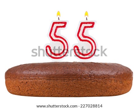 birthday cake with candles number 55 isolated on white background