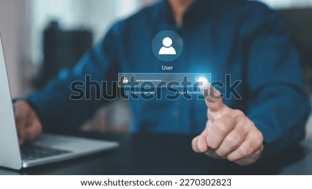 Businessman use laptop login register username and password identity on webpage concepts of cyber security, internet access, join social or personal data protection or forget pass key unlock. Royalty-Free Stock Photo #2270302823
