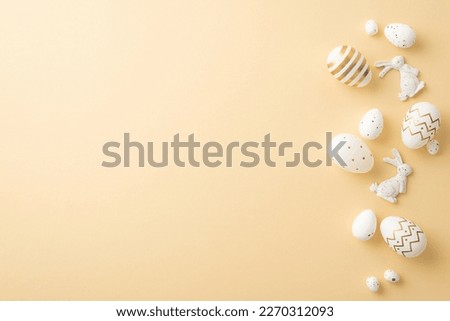 Easter atmosphere concept. Top view photo of white and gold easter eggs and easter bunny silhouettes on isolated light beige background with blank space