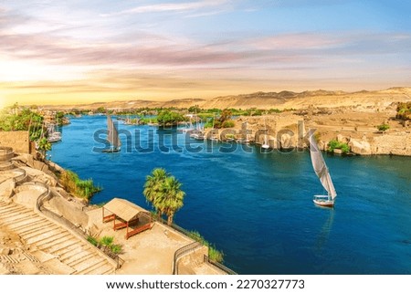The Nile river and traditional feluccas in Aswan, Egypt, beautiful aerial view Royalty-Free Stock Photo #2270327773
