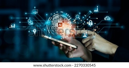Futuristic technology concept. Businesswoman using chatbot in tablet intelligence Ai.Chat GPT Chat with AI Artificial Intelligence, developed by OpenAI generate.  Royalty-Free Stock Photo #2270330545