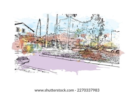Building view with landmark of Protaras is the 
municipality in Cyprus.
Watercolor splash with hand drawn sketch illustration in vector.