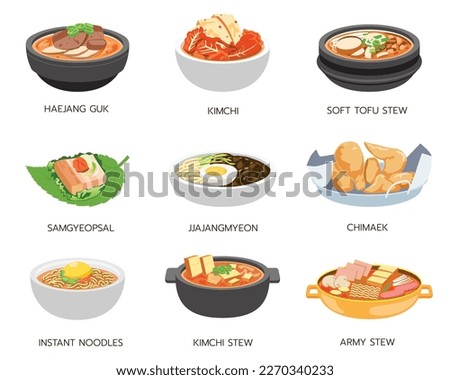 Popular korean food menu set 1 with list below pictures. Royalty-Free Stock Photo #2270340233