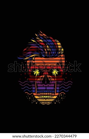 Hipster skull in marine style with sunset and palm trees. Original vector illustration. T-shirt design, design element.