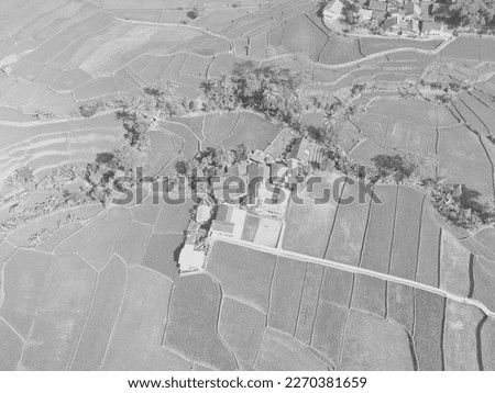 Black and white photo of residential area around agricultural land in Bandung - Indonesia area.