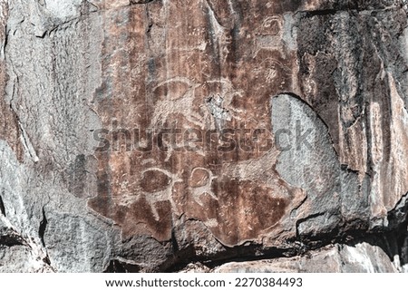 Panorama rock drawing of ancient people petroglyph animal deer on bright stones in the mountains in Siberia in Altai on a sunny day.
