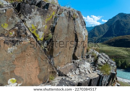 Petroglyphs rock drawing of ancient people animals on stones with moss behind the panorama of the Altai mountains in Siberia under the clouds.