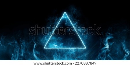 Neon blue color geometric triangle on a dark background. Mystical portal. Mockup for your logo. Futuristic smoke. Mockup for your logo. Royalty-Free Stock Photo #2270387849