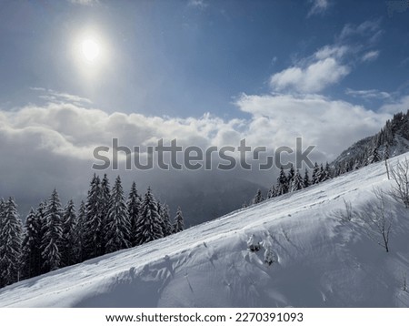 Side view of very steep ski slope at the winter sports resort of Reutte on the Hahnenkamm mountain with fresh snow Royalty-Free Stock Photo #2270391093