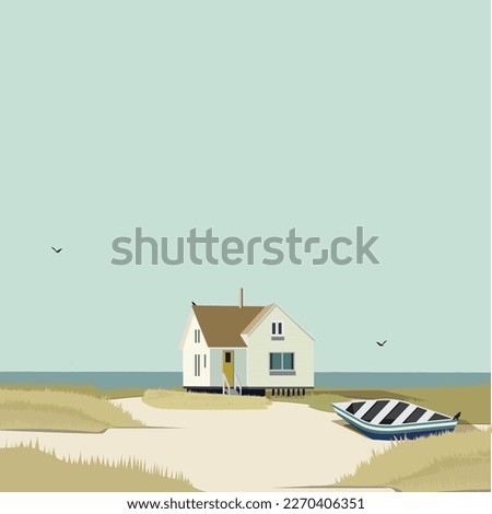 A small beach house and a boat on the beach in the summer  Royalty-Free Stock Photo #2270406351