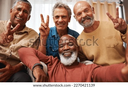 Peace, happy and portrait of men with a selfie, bonding and memory during retirement. Party, smile and elderly friends with a hand sign for happiness, quality time and photo at home together