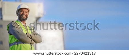 Architect portrait, proud and happy black man, real estate developer or property contractor with pride in career. Architecture engineering, mockup sky or construction worker success with crossed arms Royalty-Free Stock Photo #2270421319