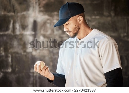 Baseball field, thinking or man with a ball in training ready for match or game on bench dugout in summer. Workout exercise, mindset or thoughtful young sports player focused on playing softball