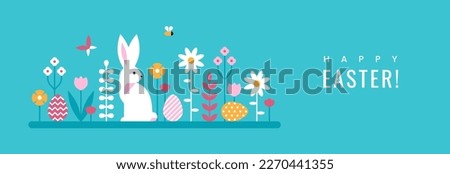 Easter horizontal illustration for greeting card or banner design with flowers, eggs and rabbit.