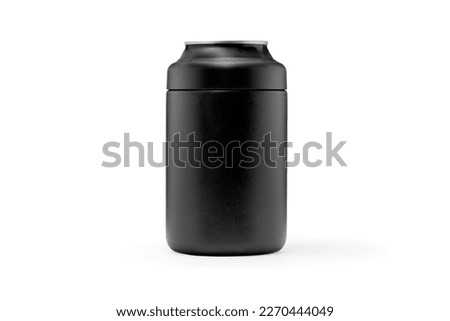 12 oz Double Walled Metal can coozie koozie insulator for soda, beer, sparkling water, with beverage inside isolated on white background with shadow Royalty-Free Stock Photo #2270444049