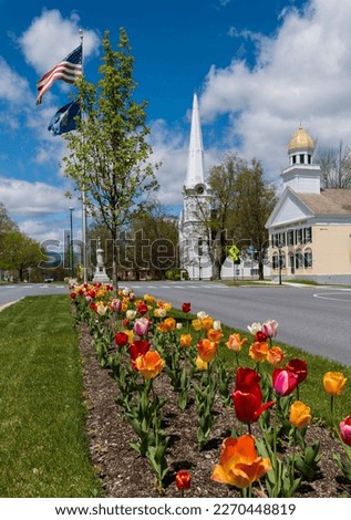 View of the historic and colorful Manchester Village in Manchester, Vermont with tulips in bloom. Royalty-Free Stock Photo #2270448819