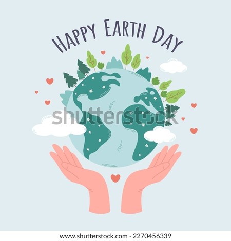 Happy Earth Day. Planet Earth with trees, fir trees, bushes, clouds. Caring for nature and environment. Ecological awareness. Save our planet. Vector illustration in flat style
