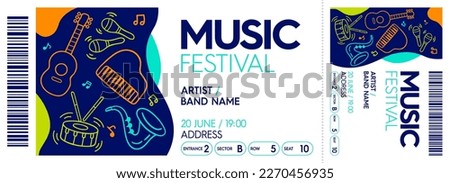 Concert ticket template. Concert, festival or party ticket design template with of instrument silhouettes in background. Vector Royalty-Free Stock Photo #2270456935