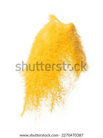 Small size yellow Sand flying explosion, gold cheese sands grain wave explode. Abstract cloud fly. Yellow colored sand splash throwing in Air. White background Isolated high speed shutter, throwing