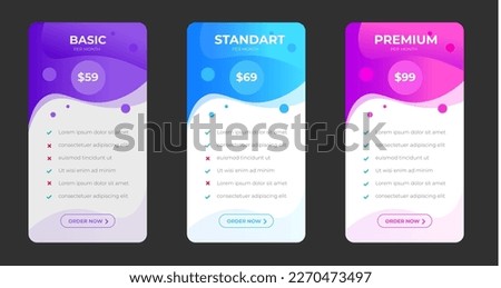 pricing plans table and pricing chart Price list  for web or app. Ui UX pricing design tables with tariffs, subscription features checklist and business plans. Product Comparison business web plans. Royalty-Free Stock Photo #2270473497
