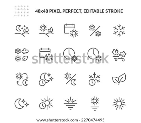 Simple Set of Four Seasons and Day Parts Related Vector Line Icons. Contains such Icons as Day-Night Switch, All seasons, Night Time and more. Editable Stroke. 48x48 Pixel Perfect. Royalty-Free Stock Photo #2270474495