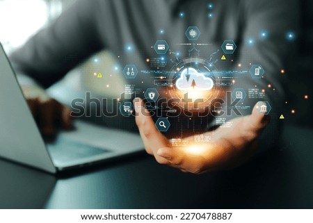 Cloud documentation and personal information online database storage and data privacy protection on computer network or online banking protect or cyber security concept.