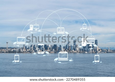 Seattle skyline with waterfront view. Skyscrapers of financial downtown at day time, Washington, USA. Social media hologram. Concept of networking and establishing new people connections