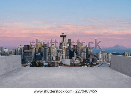 Skyscrapers Cityscape Downtown, Seattle Skyline Buildings. Beautiful Real Estate. Sunset. Empty rooftop View. Success concept.
