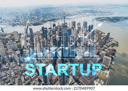 Aerial panoramic helicopter city view, Lower Manhattan, Downtown, New York, USA. World Trade Center, bridges. Startup company, launch project to seek and develop scalable business model, hologram
