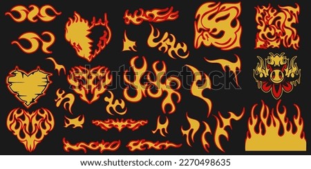 Y2K Retro Vector Set: Hot Fire Ornaments for 90's-Inspired T-Shirts, Hoodies, Parkas, Streetwear, Apparel, and Pajamas. Hand-Drawn Cool Flames Design.