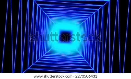 Blue and pink tunnel. Motion. Black background with outlined illuminated squares in animation that move in different directions.