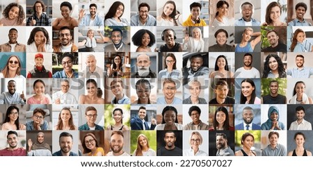 Diversity concept. Collection of cheerful multiracial people men different ages posing outdoors and indoors, smiling and gesturing at camera, showing positive emotions, collage, panorama Royalty-Free Stock Photo #2270507027