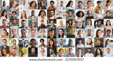 Collection of multiethnic people smiling and gesturing on various backgrounds, happy attractive men and women, children showing positive emotions, collage, set of closeup photos, panorama