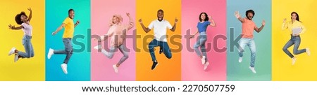 Diverse positive young men and women jumping in air over colorful backgrounds, creative collage with happy millennial people of different ethnicity having fun over bright backdrops, panorama