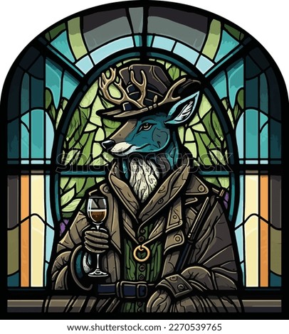 Anthropomorphic deer detective holding wine glass, stained glass window  Royalty-Free Stock Photo #2270539765