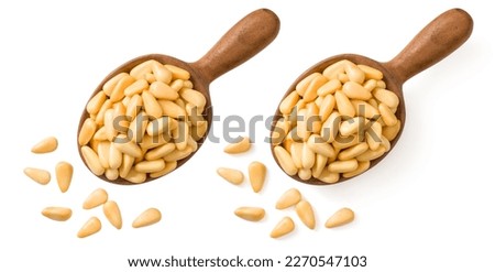 Roasted pine nuts in the wooden spoon, isolated on the white background, top view. Royalty-Free Stock Photo #2270547103