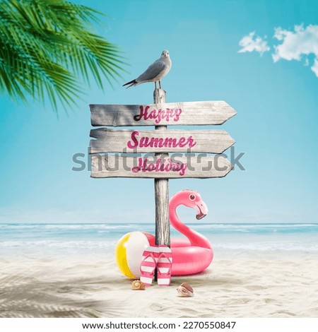 Seagull and old wooden signpost on the beach, happy summer holiday concept