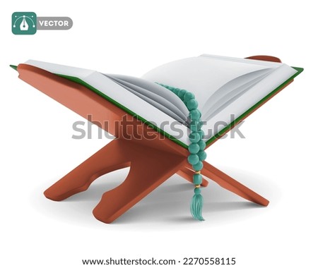 Holy Quran with rosary, open on the wooden book holder. Design element for Ramadan or other religious Islamic holidays and events. Vector 3d realistic illustration Royalty-Free Stock Photo #2270558115