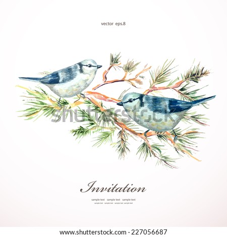 watercolor painting wild bird at nature. vector illustration. invitation card 