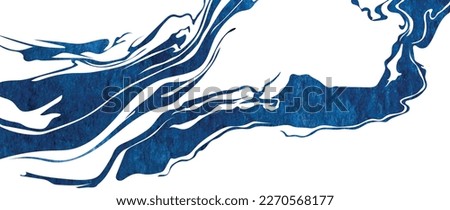 Blue brush stroke texture with Japanese ocean wave pattern in vintage style. Abstract art landscape banner design with watercolor texture vector