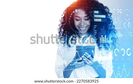 Happy black businesswoman silhouette using tablet, forex analysis hud and stock market with dashboard, empty white background. Concept of business intelligence and KPI