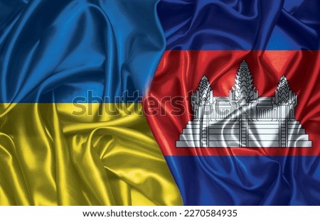 Ukraine and Cambodia two folded silk flags together